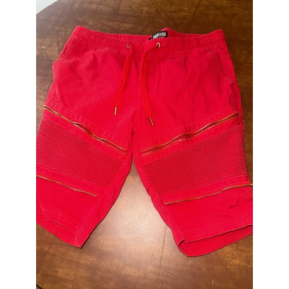 Encrypted Men's Red Moto Biker Shorts Ribbed Zipper Drawstring XL